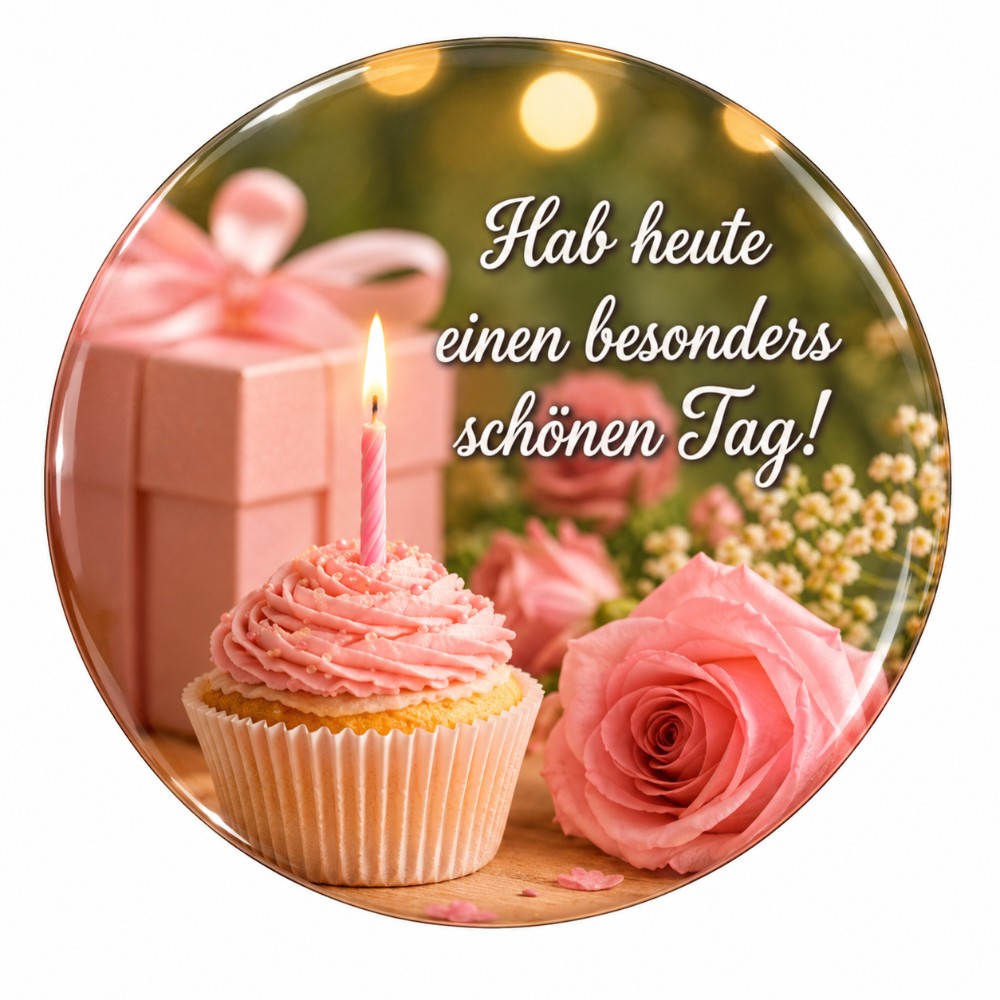 Have an especially lovely day – Personalised NFC birthday sticker with cupcake and pink rose