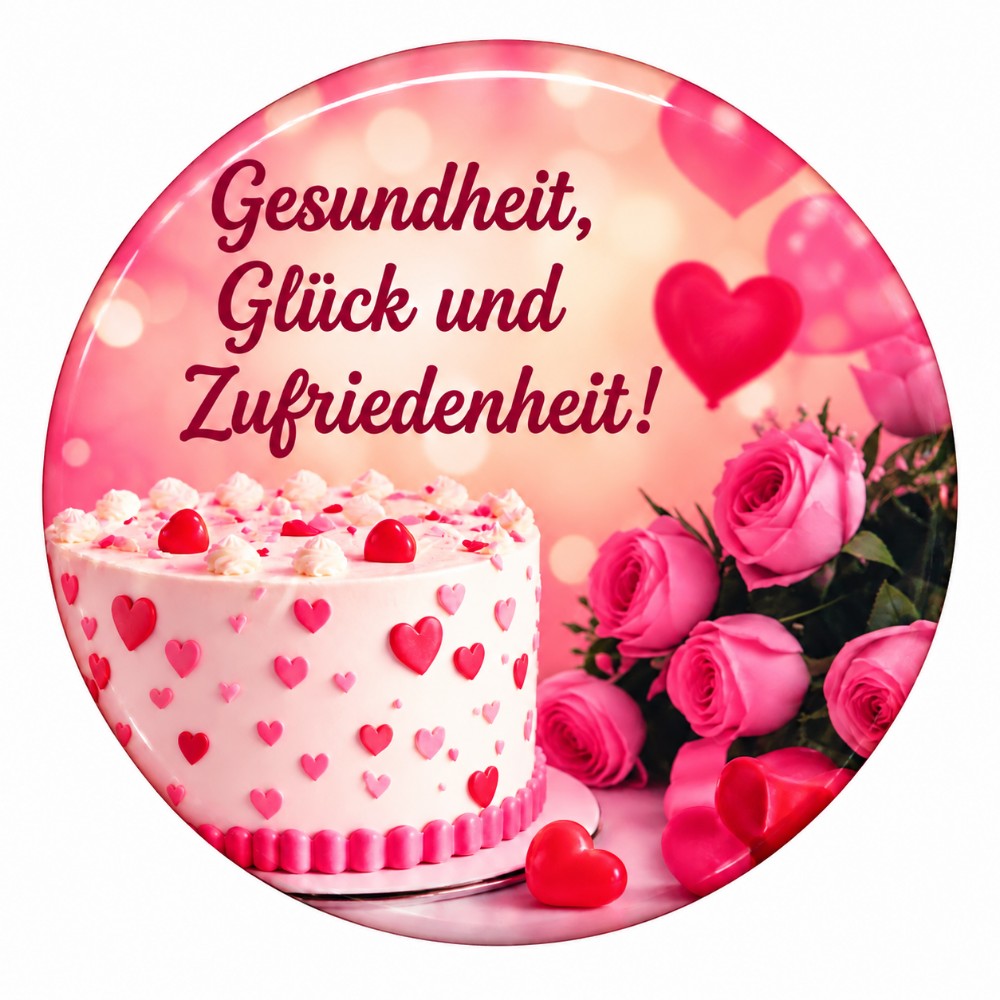 Gesundheit, Glück und Zufriedenheit - personalisierbarer NFC-Sticker mit Torte und Rosen