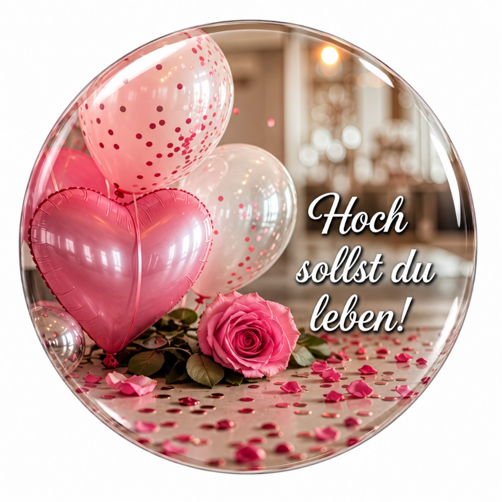 Hoch sollst du leben – Personalisierbarer NFC-Geburtstagssticker mit rosa Herzballons und Rose
