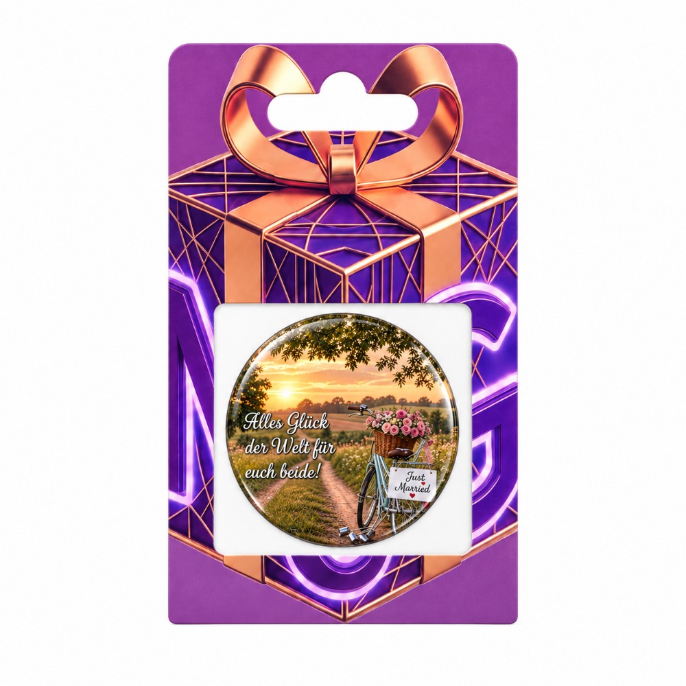 Alles Glück der Welt für euch beide – Personalisierter NFC-Hochzeitssticker mit Fahrrad und Blumen