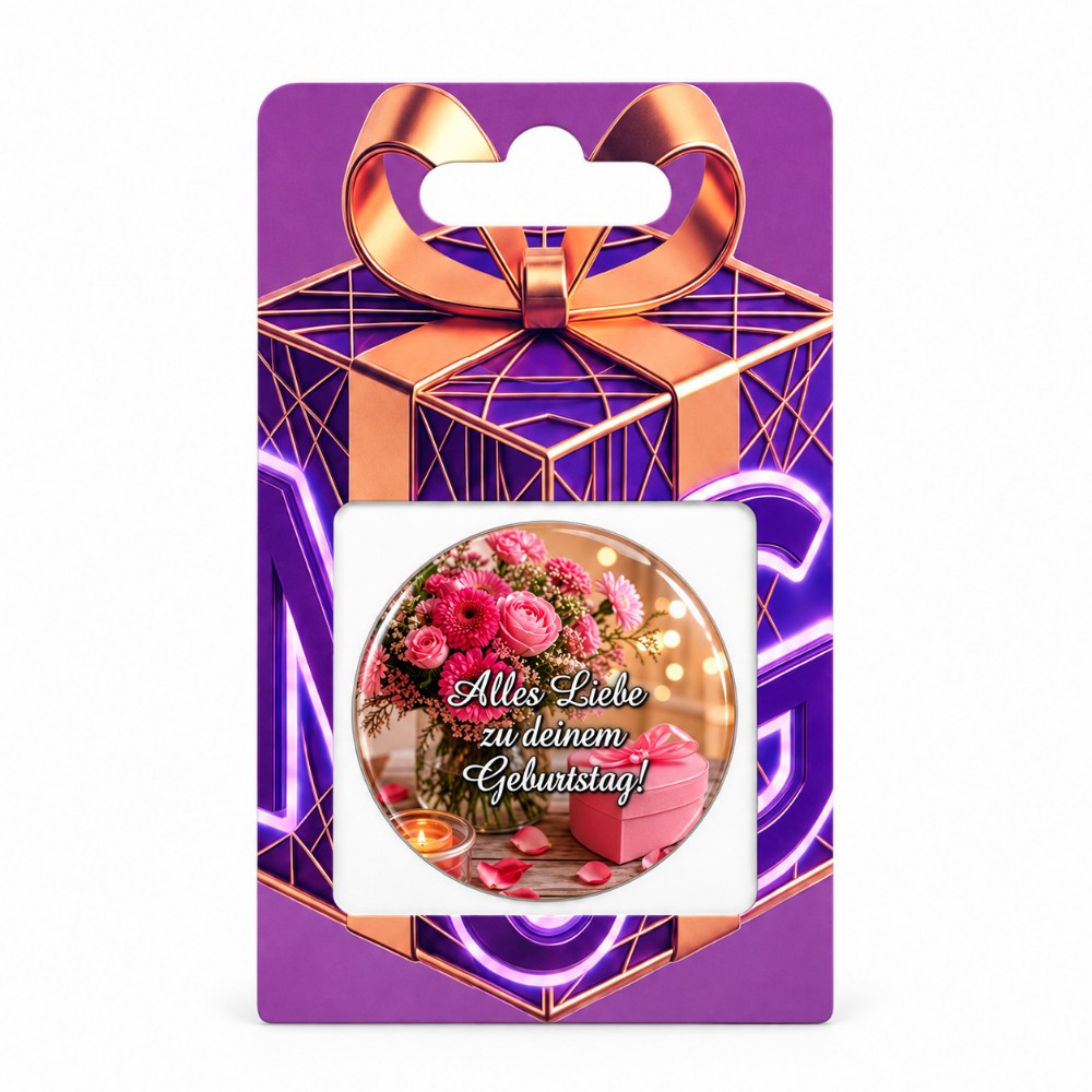 Alles Liebe zu deinem Geburtstag – Personalisierbarer NFC-Geburtstagssticker mit rosa Blumen und Geschenkbox