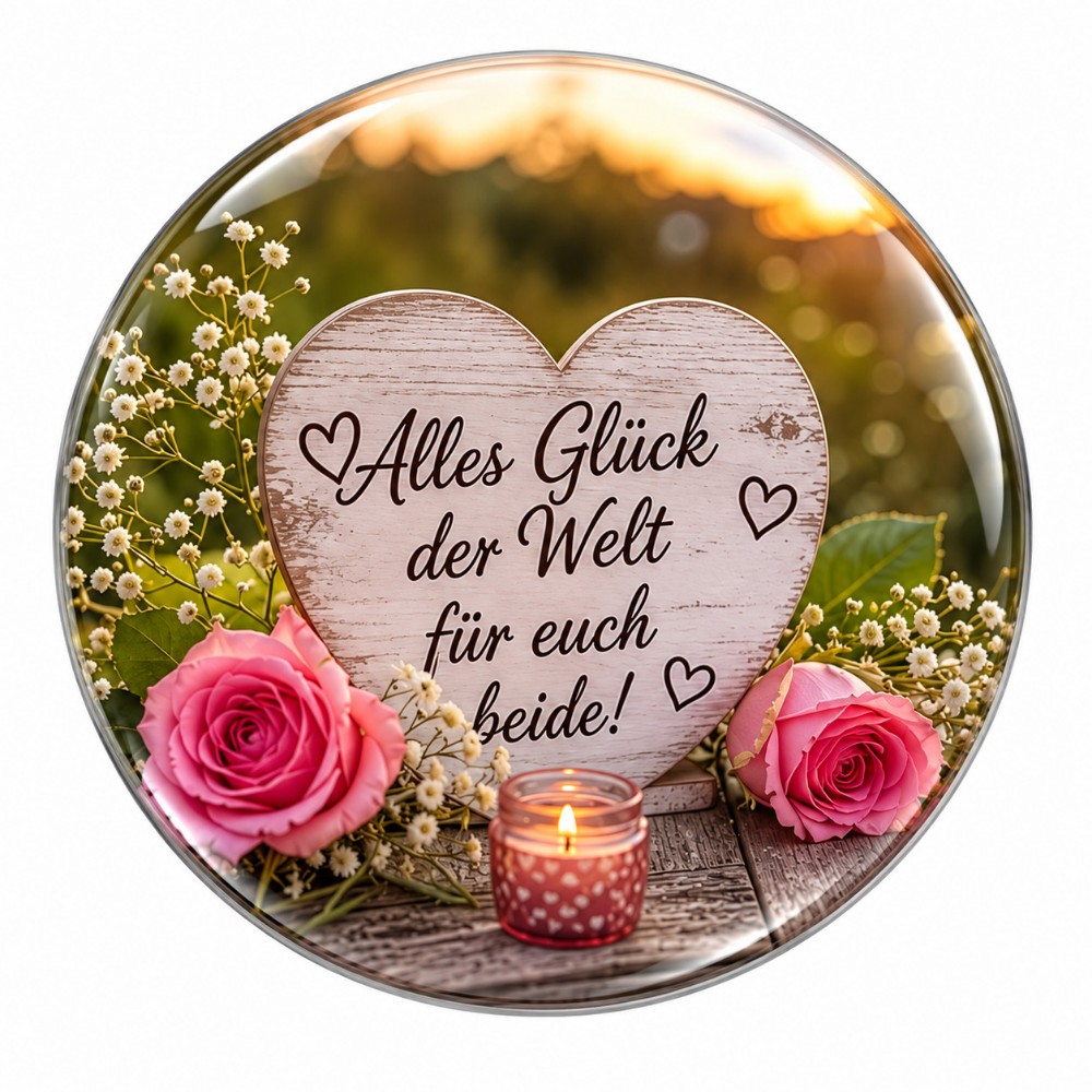 Alles Glück der Welt für euch beide – Personalisierter NFC-Hochzeitssticker mit Holzherz, rosa Rosen und Kerzenlicht