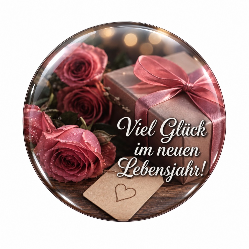 Mucha suerte en tu nuevo año de vida – Pegatina NFC personalizada de cumpleaños con rosas y regalo