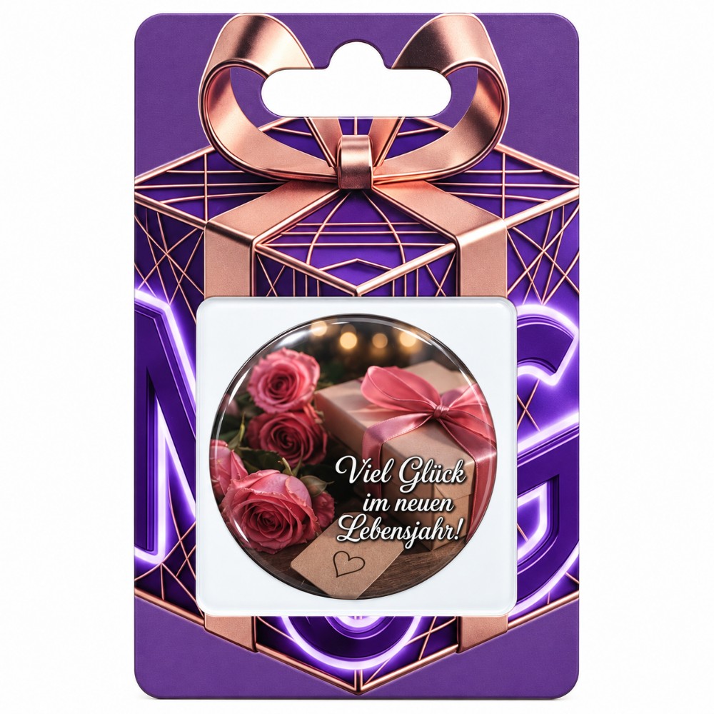 Mucha suerte en tu nuevo año de vida – Pegatina NFC personalizada de cumpleaños con rosas y regalo