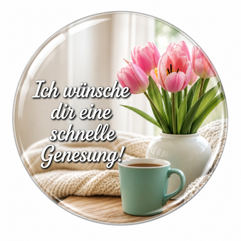 Ich wünsche dir eine schnelle Genesung – Personalisierbarer NFC-Genesungssticker mit rosa Tulpen und Tee