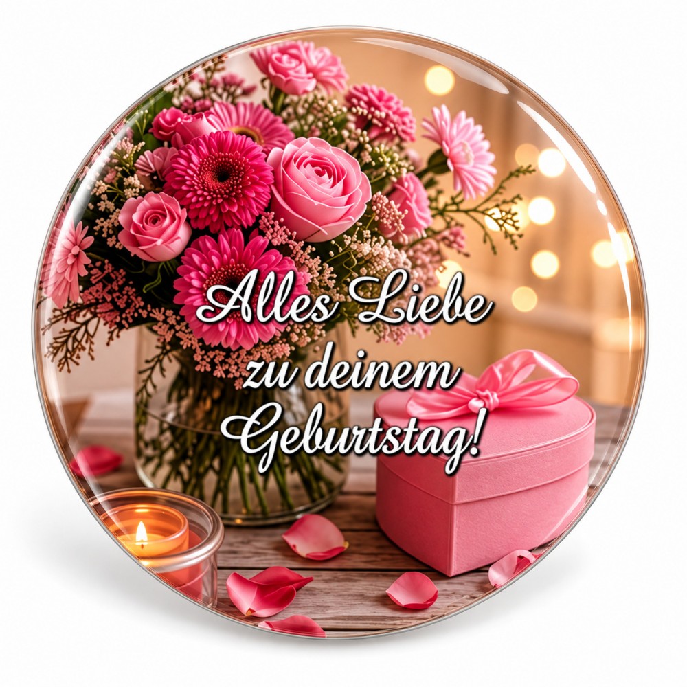 Alles Liebe zu deinem Geburtstag – Personalisierbarer NFC-Geburtstagssticker mit rosa Blumen und Geschenkbox