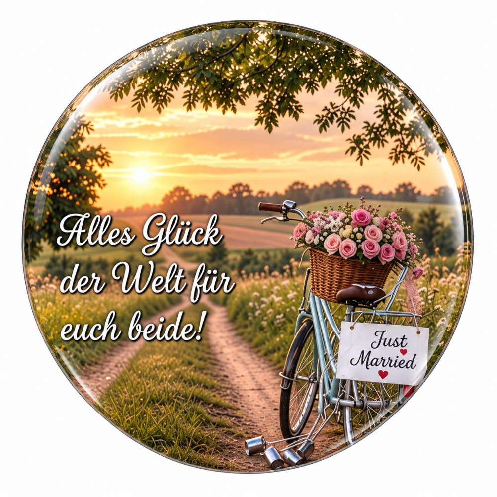 Alles Glück der Welt für euch beide – Personalisierter NFC-Hochzeitssticker mit Fahrrad und Blumen