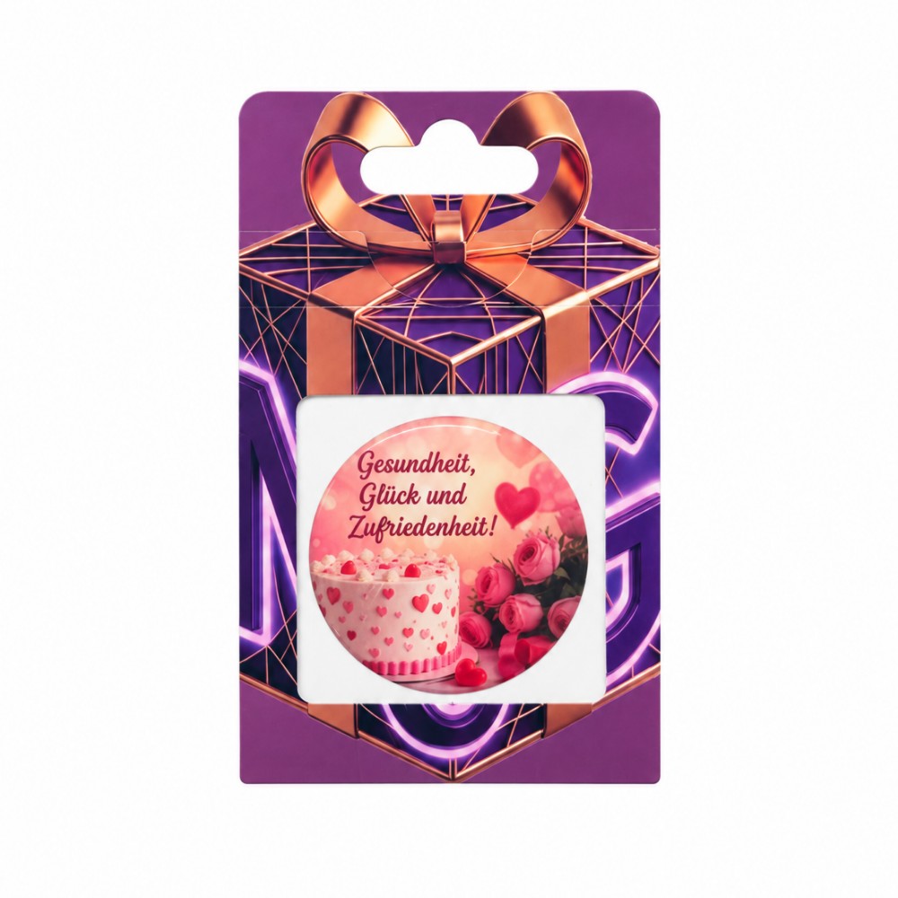 Gesundheit, Glück und Zufriedenheit - personalisierbarer NFC-Sticker mit Torte und Rosen